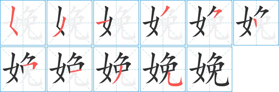娩字的笔顺，共10画